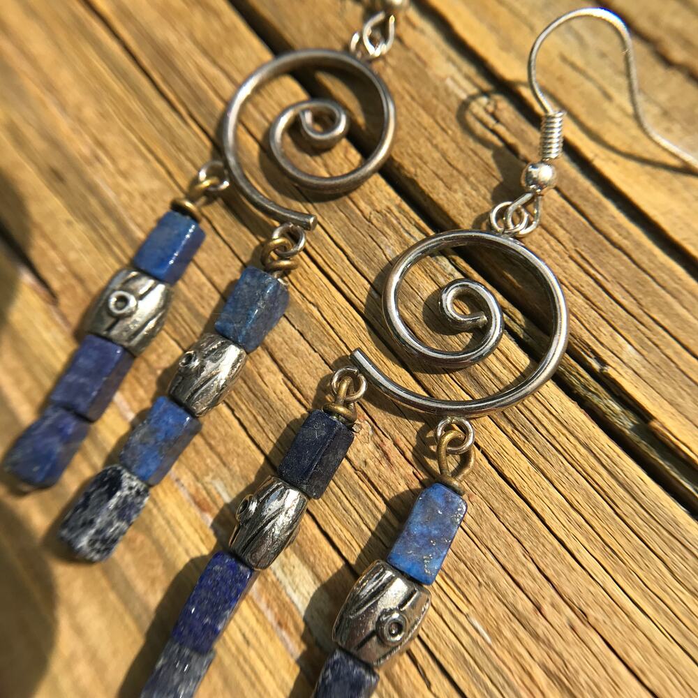 Artisan semiprecious spiral and Lapis Lazuli dangle earrings